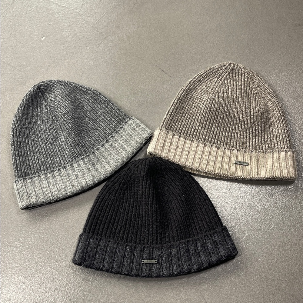 Hugo Boss Ribbed Knit Beanie Set of 3 Black Tan Gray